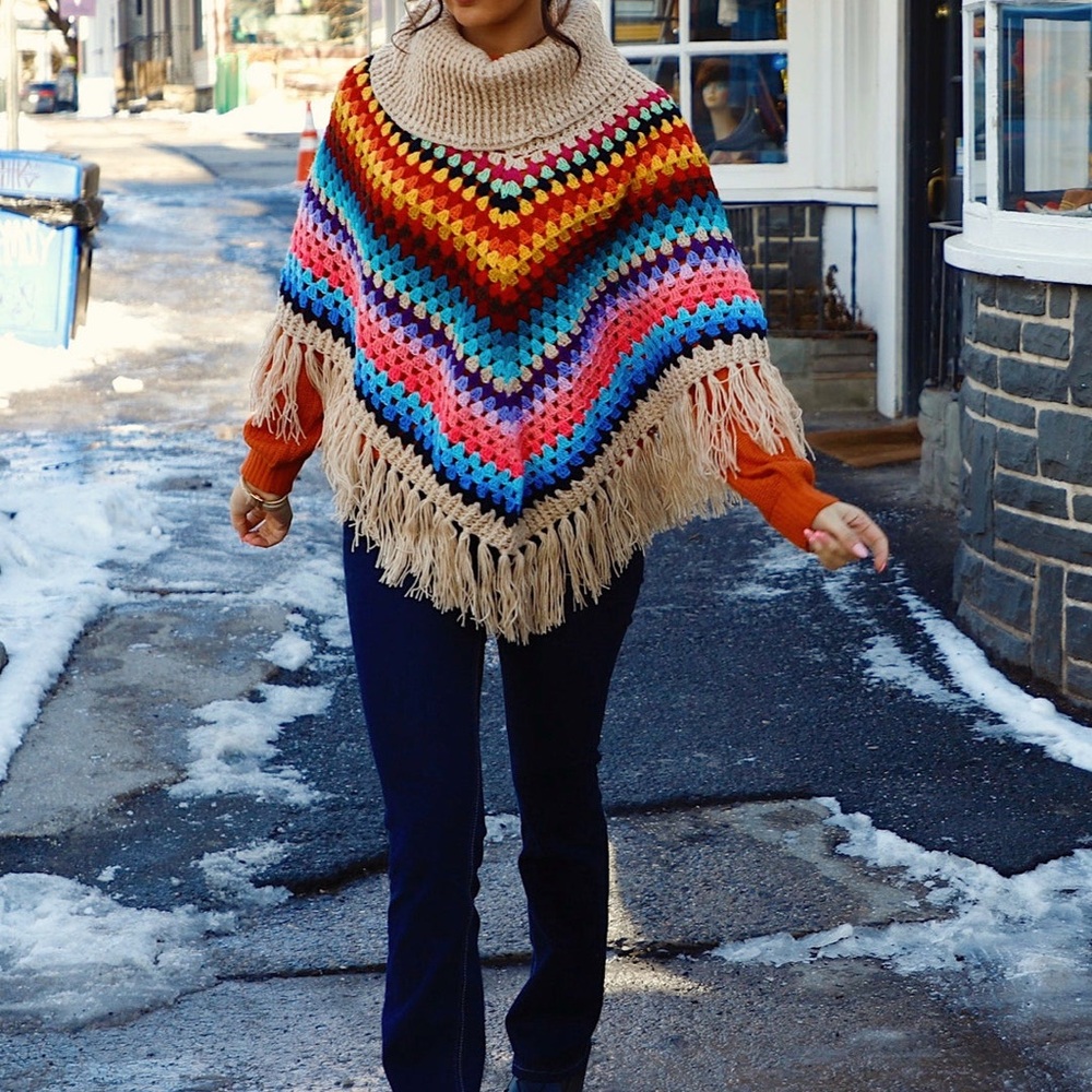 SAACHI Earth To Sky Rainbow Stripe Crochet Turtleneck Poncho | Fringe | One Size - Picture 5 of 7
